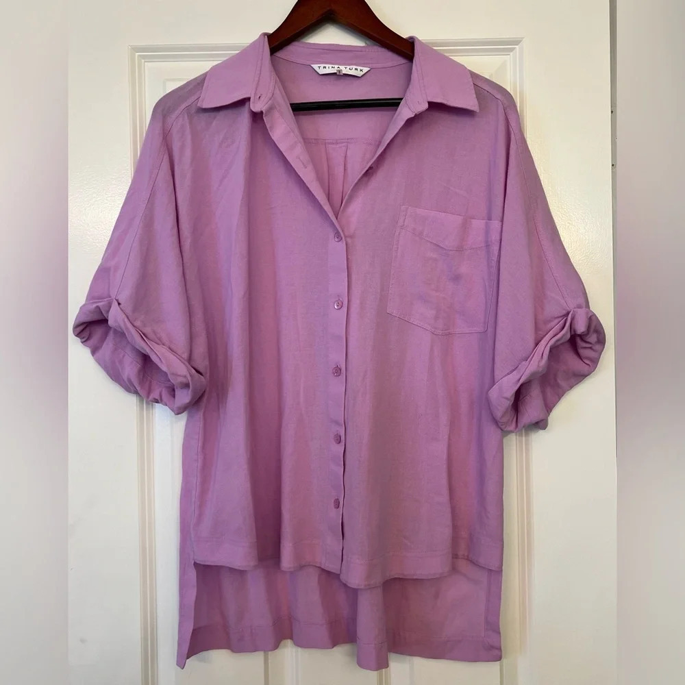 Trina Turk Cotton Button Front Shirt Women's Purple Roll Sleeve Top Size Large